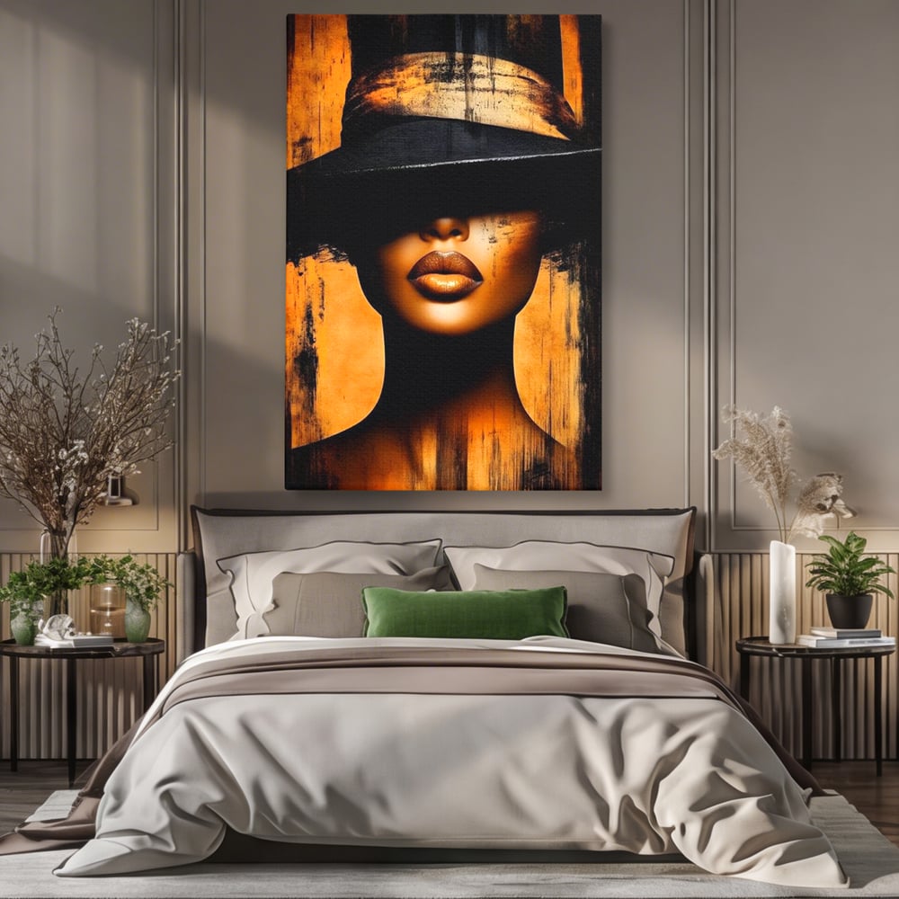 Tablou canvas cu tablou canvas cu buze si palarie, fara rama, pe sasiu de lemn, pe perete intr-un dormitor